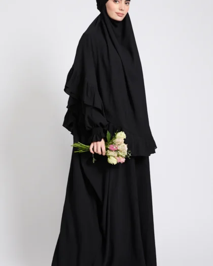 Abaya with Frill Detailed Khimar Set - Black