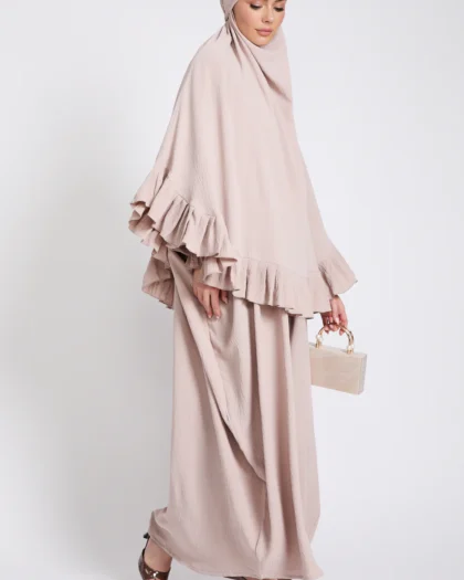 Abaya with Frill Detailed Khimar Set - Natural